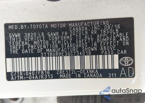 2016 Toyota Corolla Le из США, поврежденный, VIN 2T1BURHE3GC734018